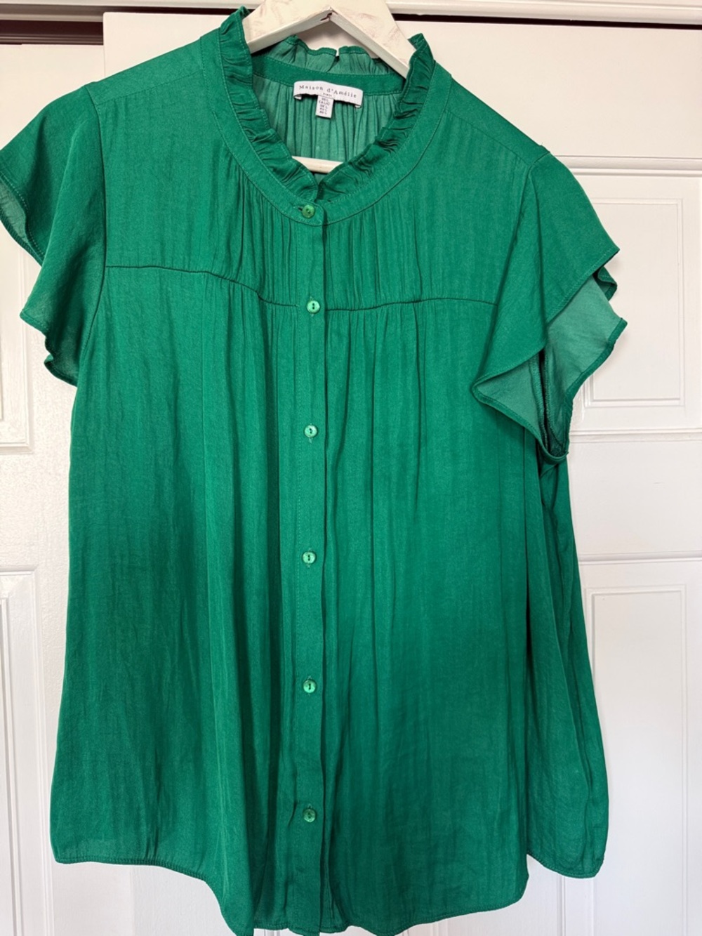 Madewell Emerald Green Ruffle Cap-Sleeve Button-Front Blouse